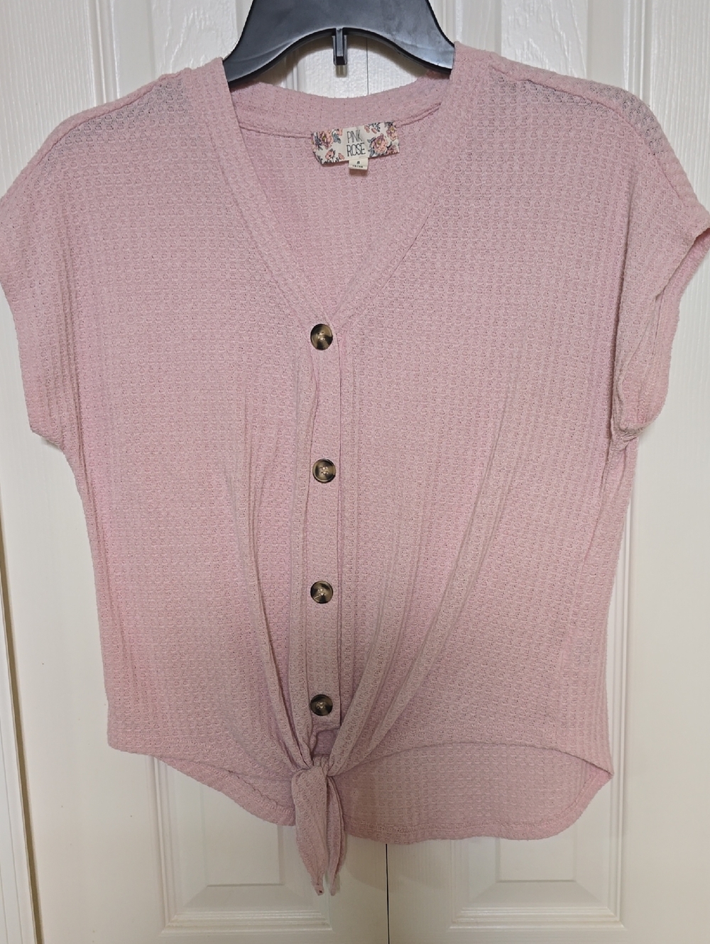 Pink Rose Short-Sleeve Button-Front Tie-Hem Knit Top in Dusty Pink